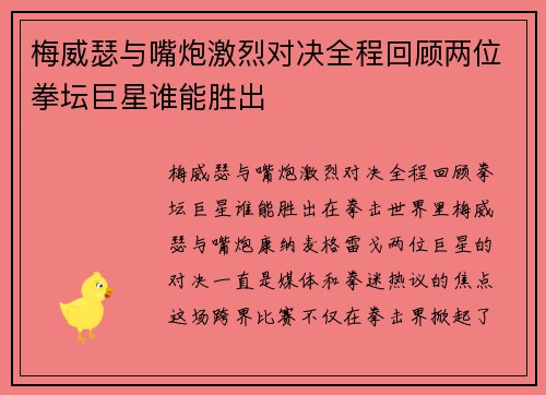 梅威瑟与嘴炮激烈对决全程回顾两位拳坛巨星谁能胜出